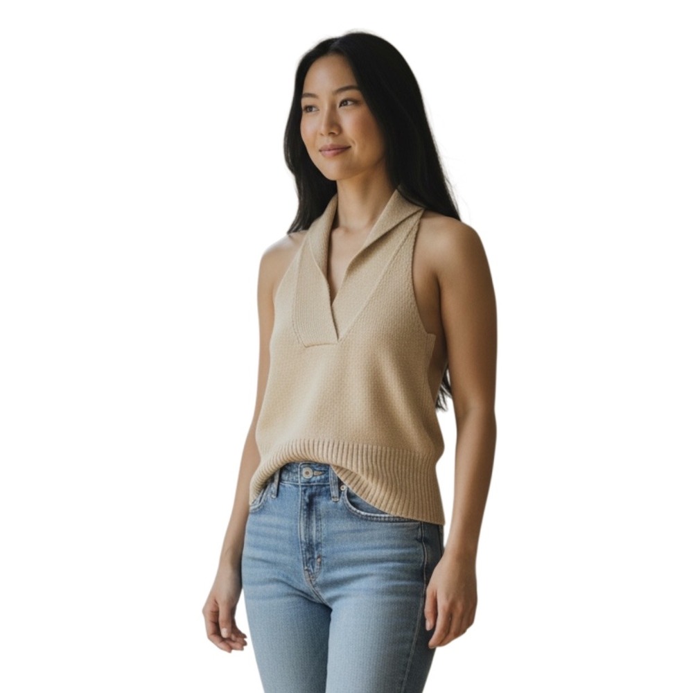 Brochu Walker Tan Knit Halter Top V-Neck Shawl Collar Sleeveless Beige Small